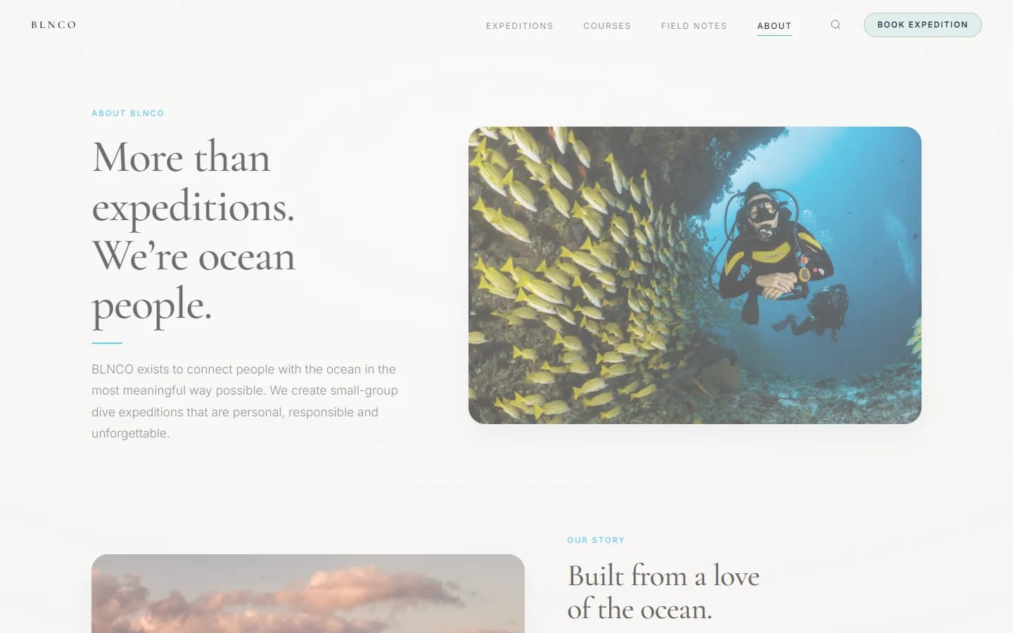 BLNCO About page with underwater diver photography and brand story