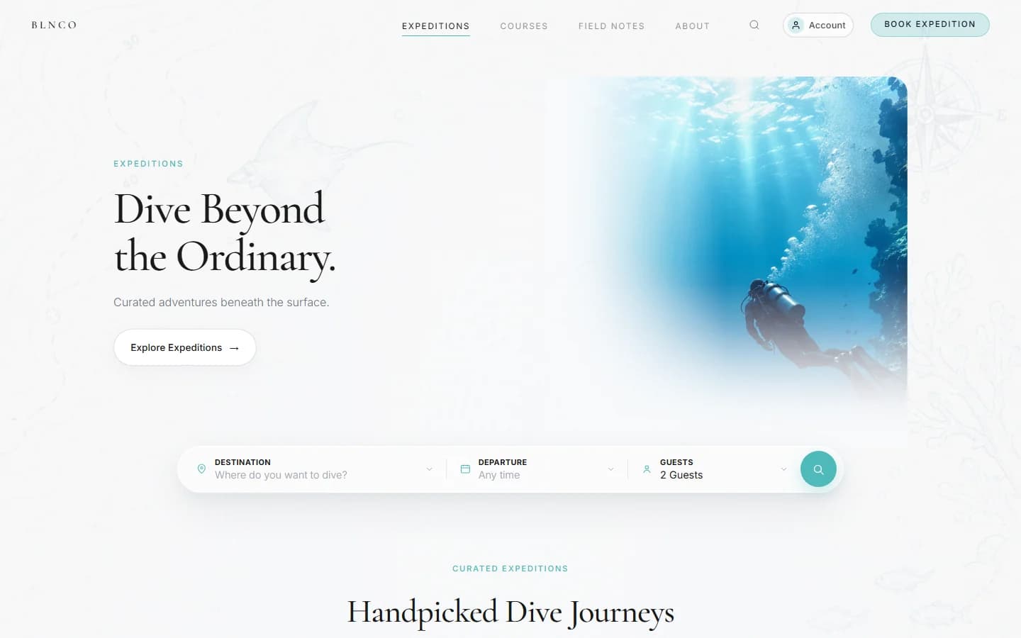BLNCO Expeditions page with dive photography hero and destination search