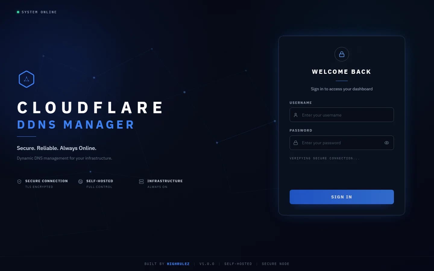 Cloudflare DDNS Manager login page with system status and sign-in card