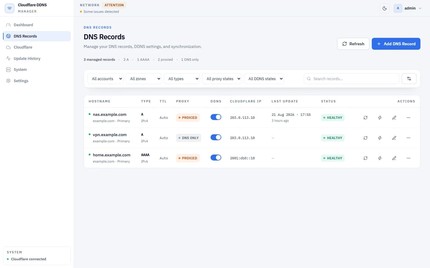 Cloudflare DDNS Manager DNS records table with example hostnames