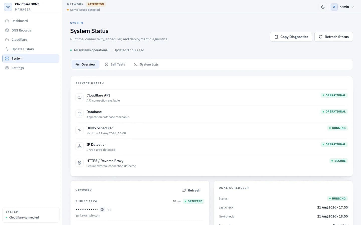 Cloudflare DDNS Manager system status overview with service health cards
